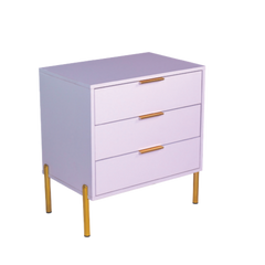 A white melamine pedestal with gold legs and gold handles, consisting of three drawers.