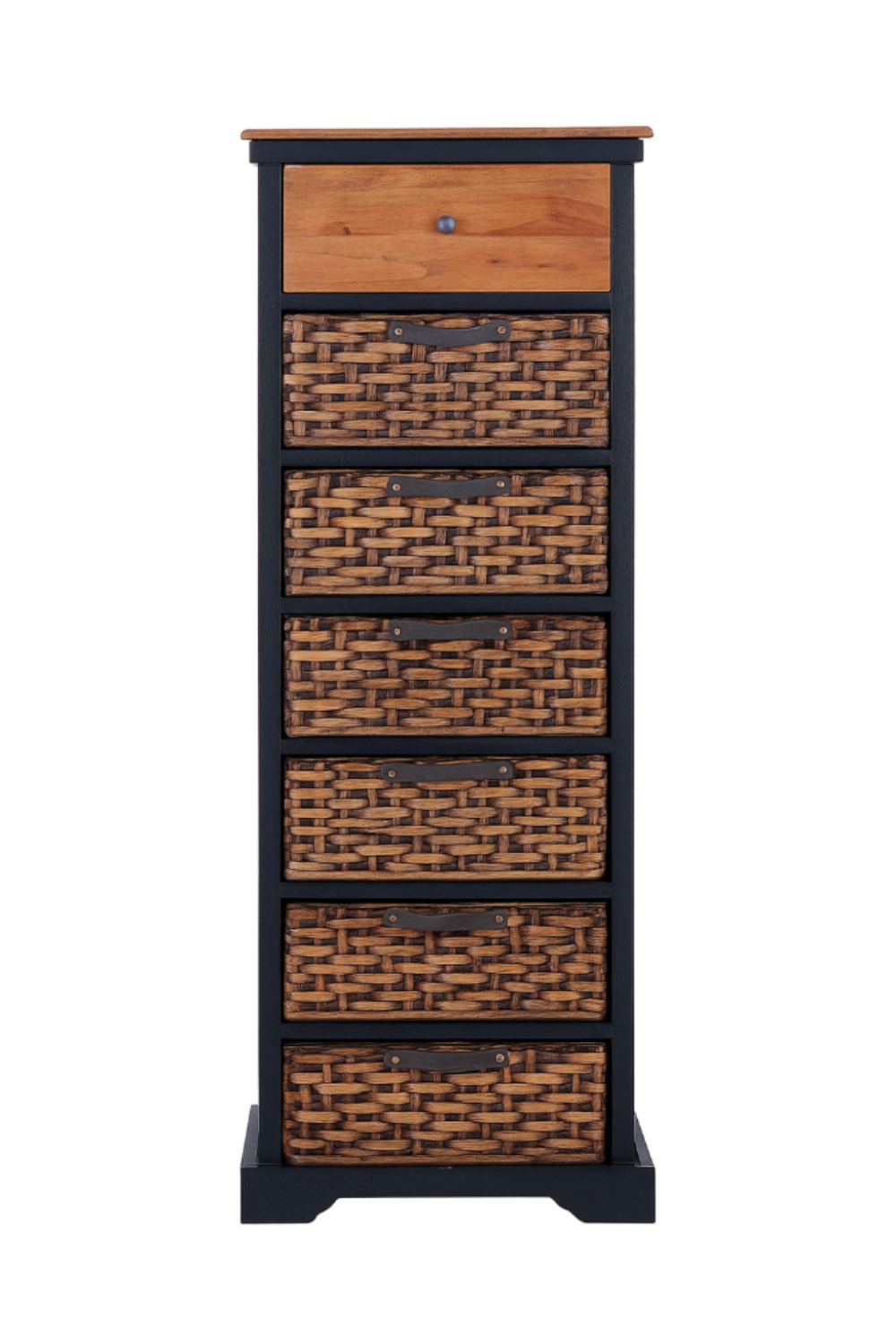 Tall wooden dresser with woven basket drawers on a white background