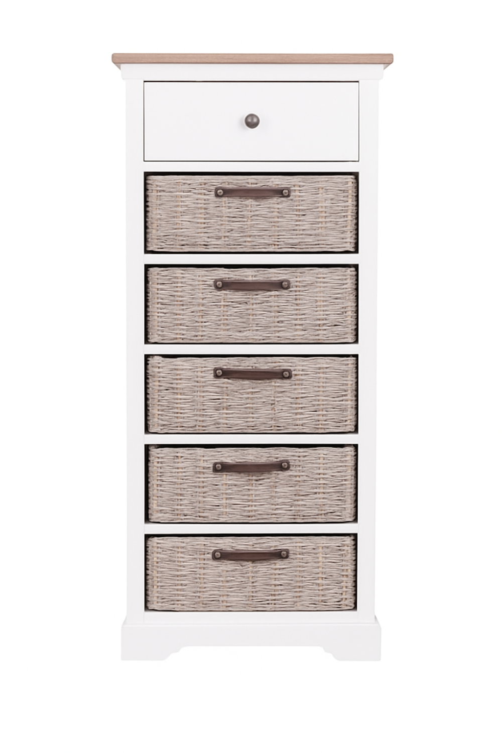White dresser with five woven drawers on a white background