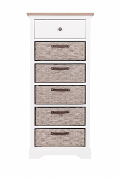 White dresser with five woven drawers on a white background