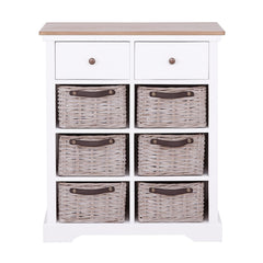 White storage cabinet with six wicker baskets on a white background