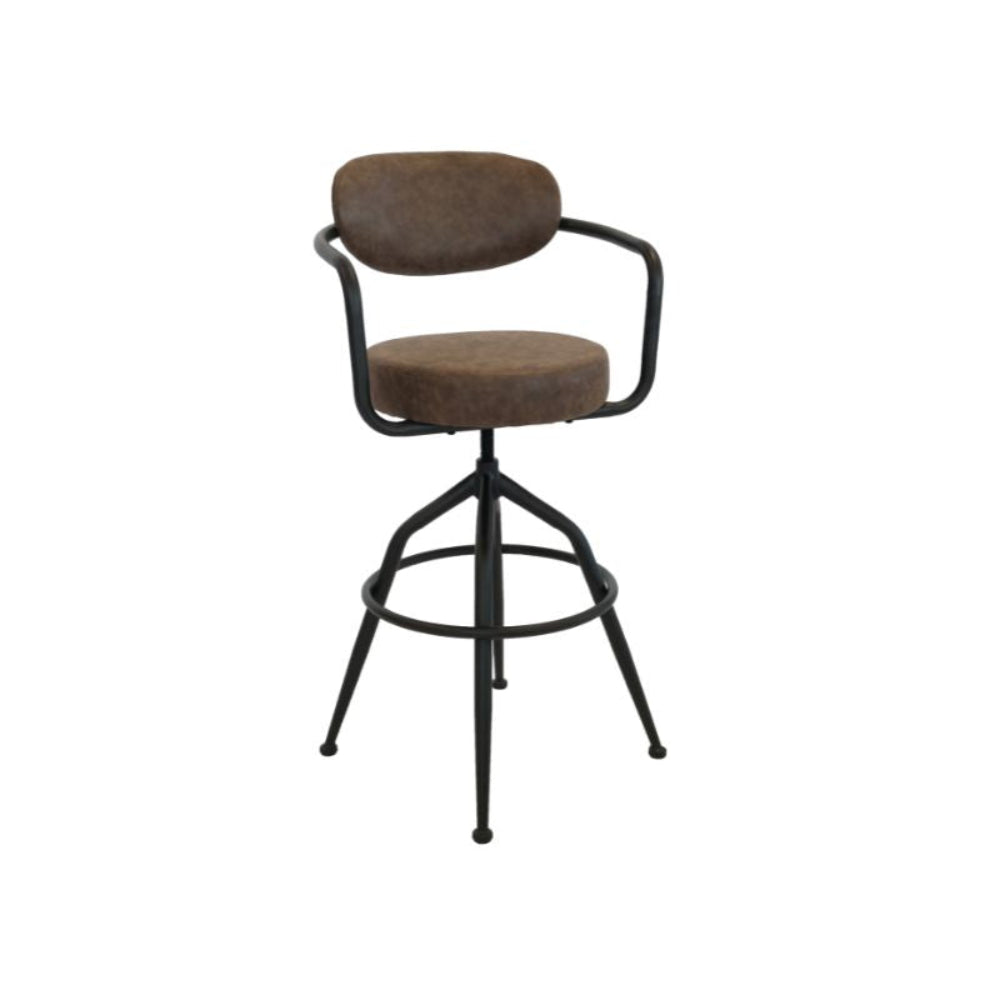 Bar stool with brown cushioned seat and backrest on a white background