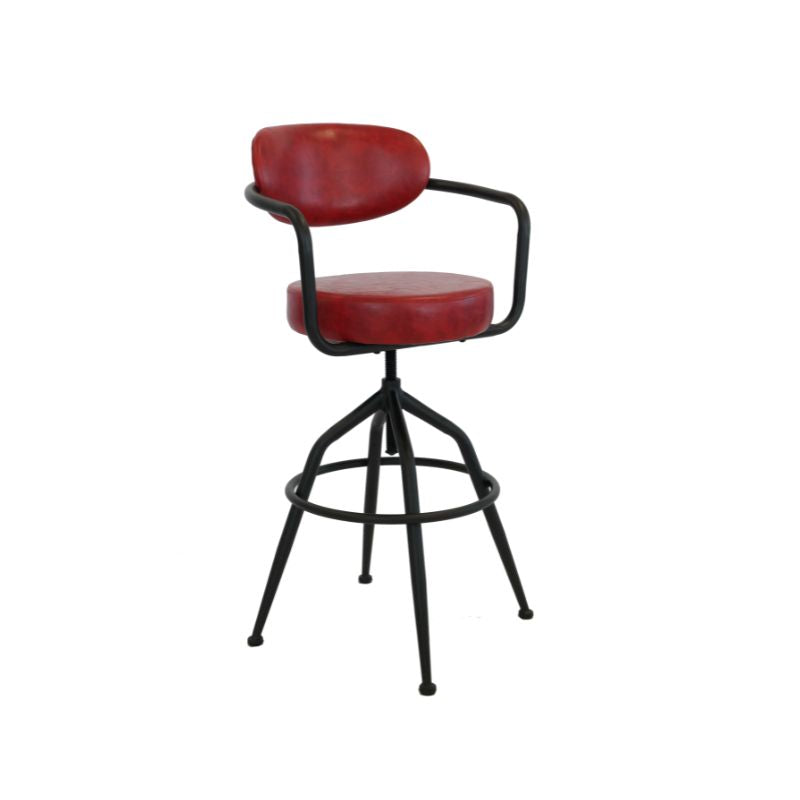 Red bar stool with black metal frame on a white background