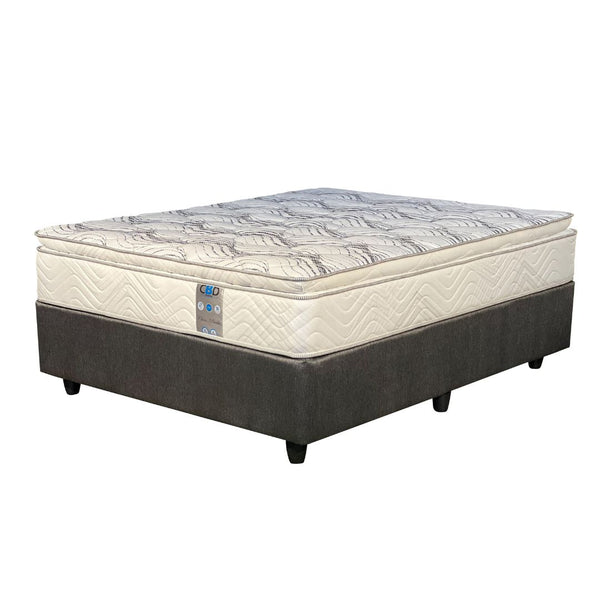 A three quarter extra length bed set with a beige and white patterned mattress on a dark base, set against a white background.