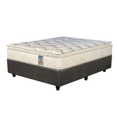 A double bed set with a beige and white patterned mattress on a dark base, presumably a box spring, on a white background.