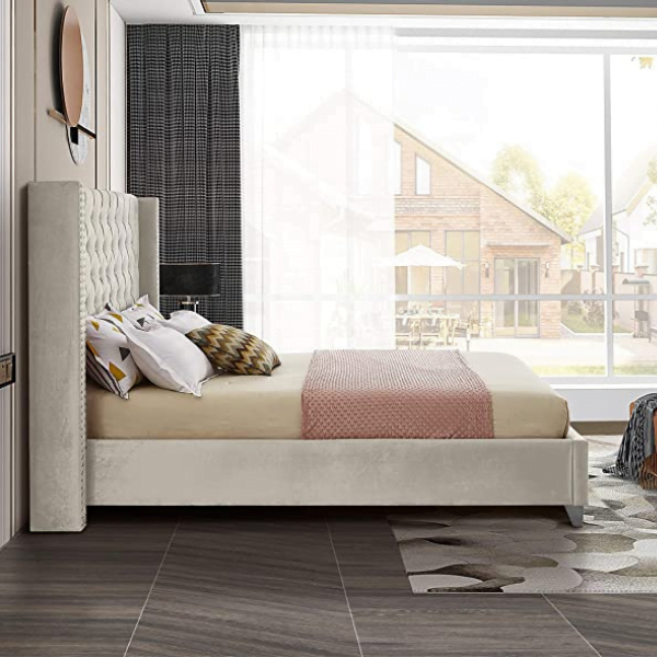 Colorado King Sleigh Bed - Cream Velvet-zoom-