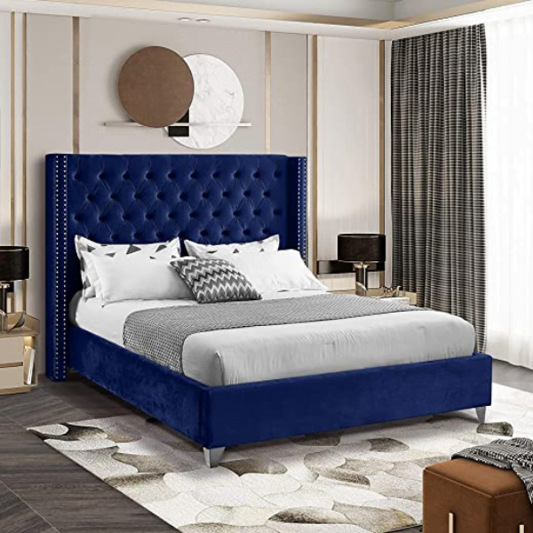 Colorado Queen Sleigh Bed - Navy Velvet-zoom-