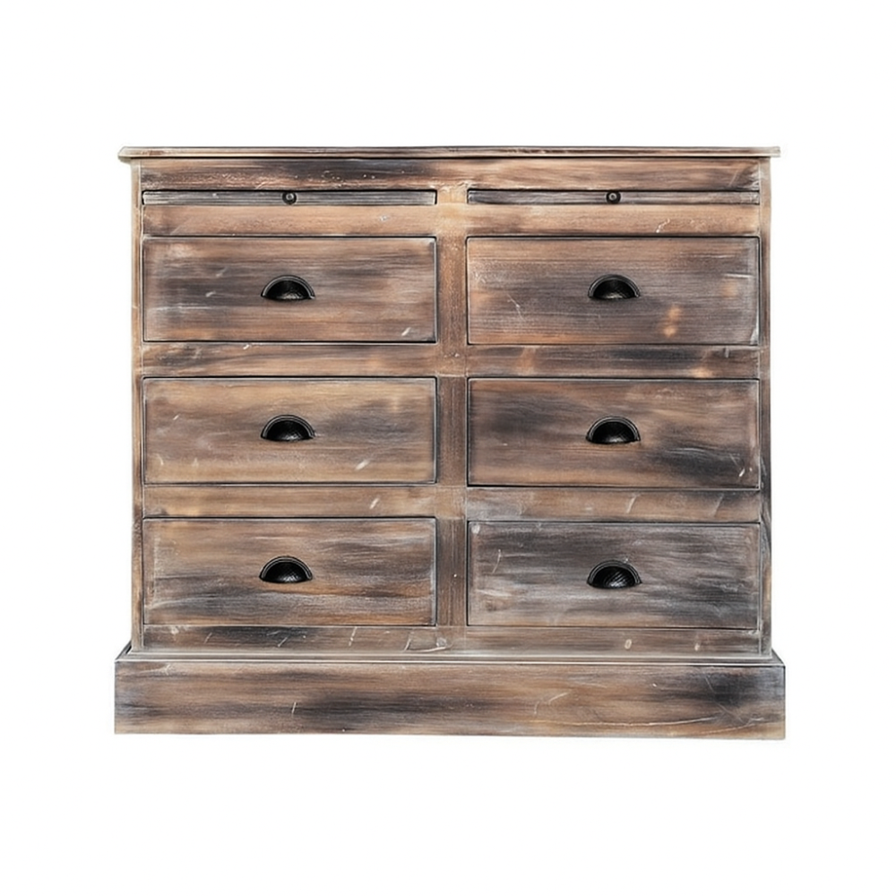 Wooden dresser with multiple drawers on a white background