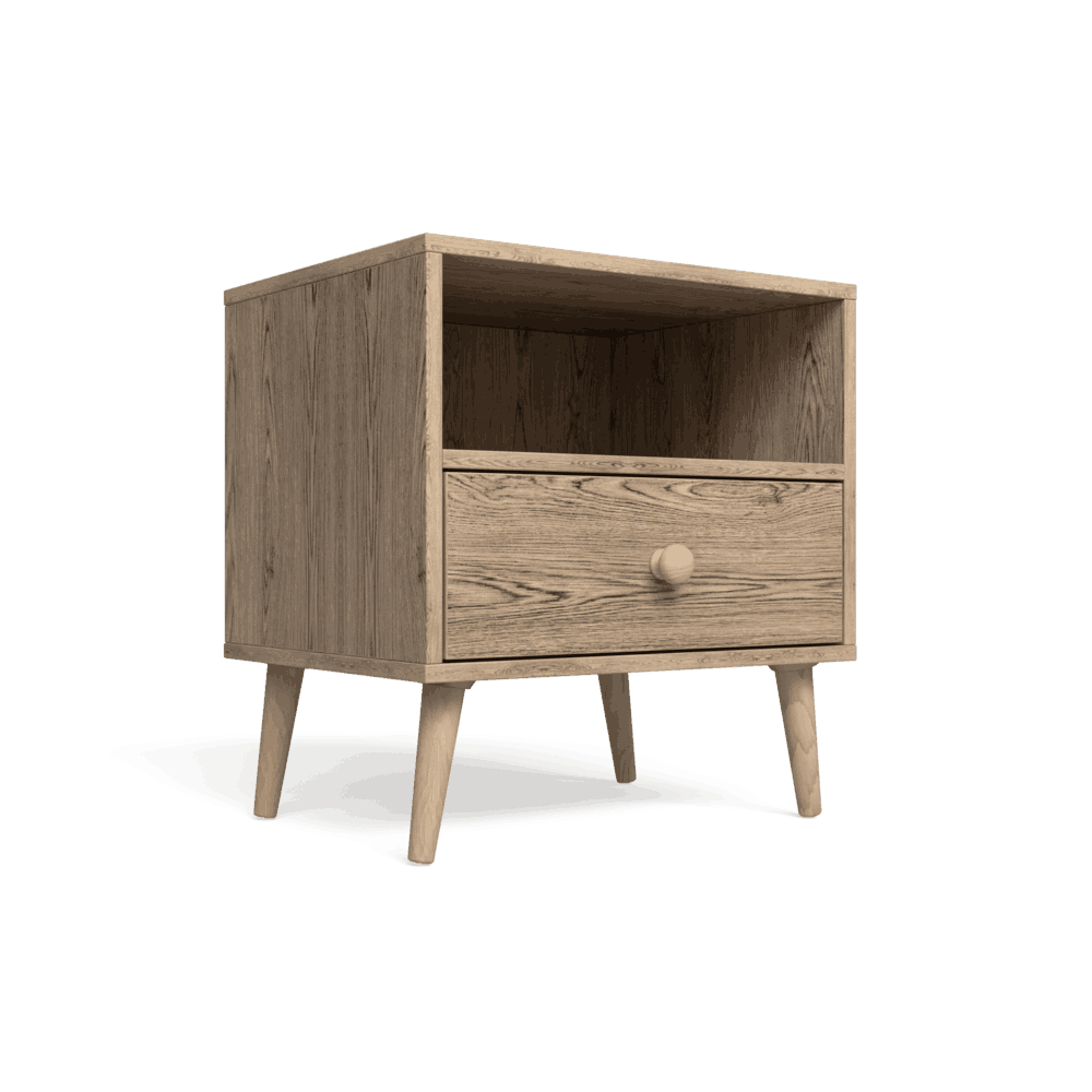 A Scandinavian-inspired nightstand with a single drawer, rustic pine legs, and a melamine finish in a neutral color.