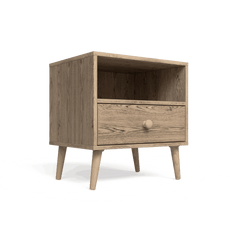 A Scandinavian-inspired nightstand with a single drawer, rustic pine legs, and a melamine finish in a neutral color.