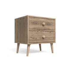 A Scandinavian-inspired two-drawer pedestal with rustic pine legs and handles, finished in a premium textured melamine.