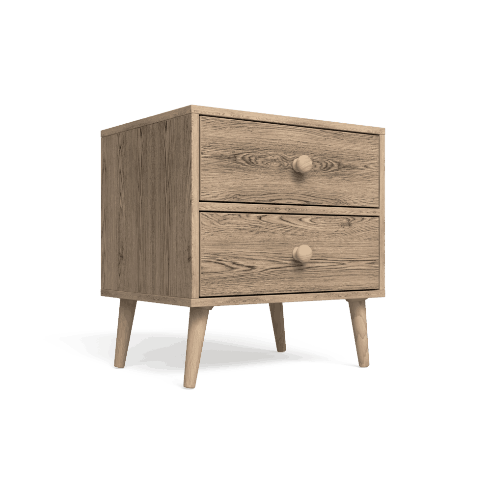 A Scandinavian-inspired two-drawer pedestal with rustic pine legs and handles, finished in a premium textured melamine.