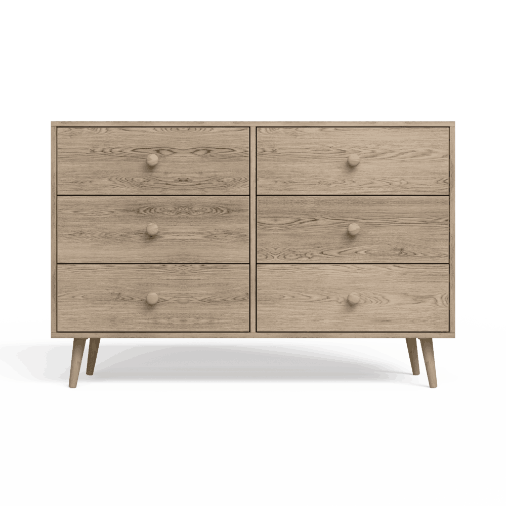 A Scandinavian-style dresser with six drawers, featuring a premium textured melamine finish, rustic pine legs, and round handles.