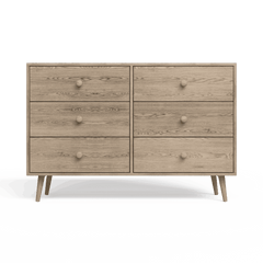 A Scandinavian-style dresser with six drawers, featuring a premium textured melamine finish, rustic pine legs, and round handles.