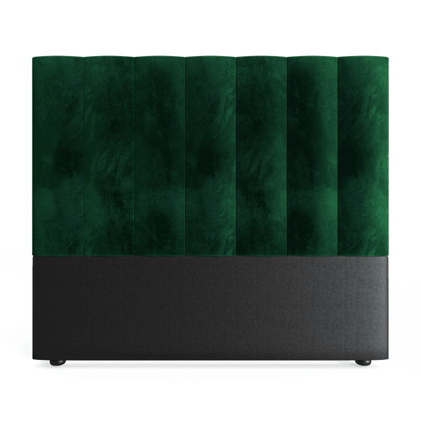 A double size headboard upholstered in emerald green velvet with a black base, presented against a plain background.