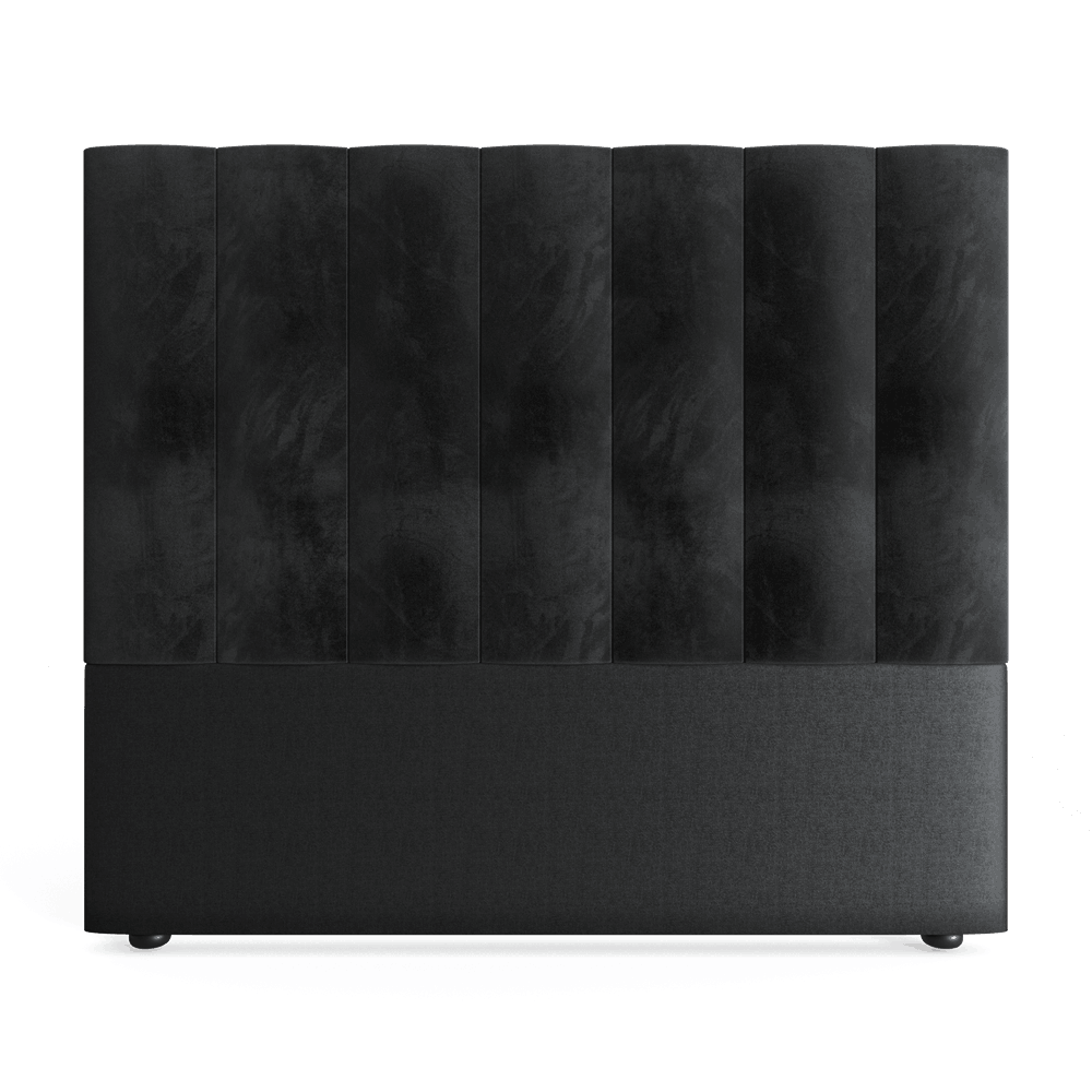 Black upholstered headboard with a striped design on a white background