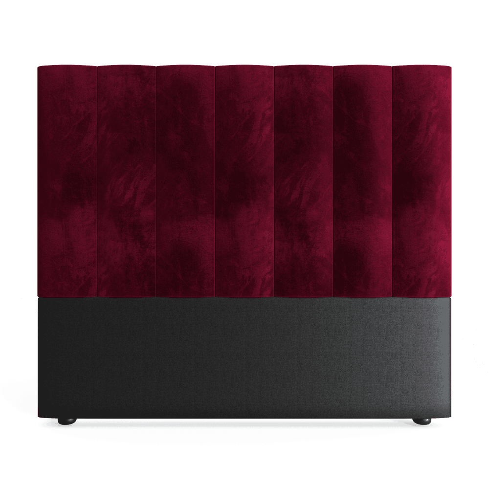 A double-sized headboard upholstered in red velvet, with a smooth, plush surface and a flat base, set against a white background.