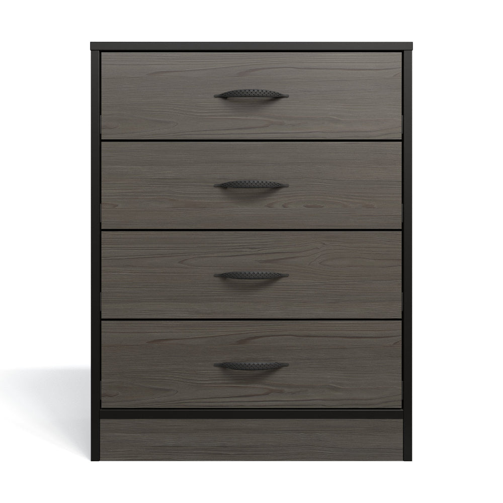 Dark gray dresser with four drawers on a white background