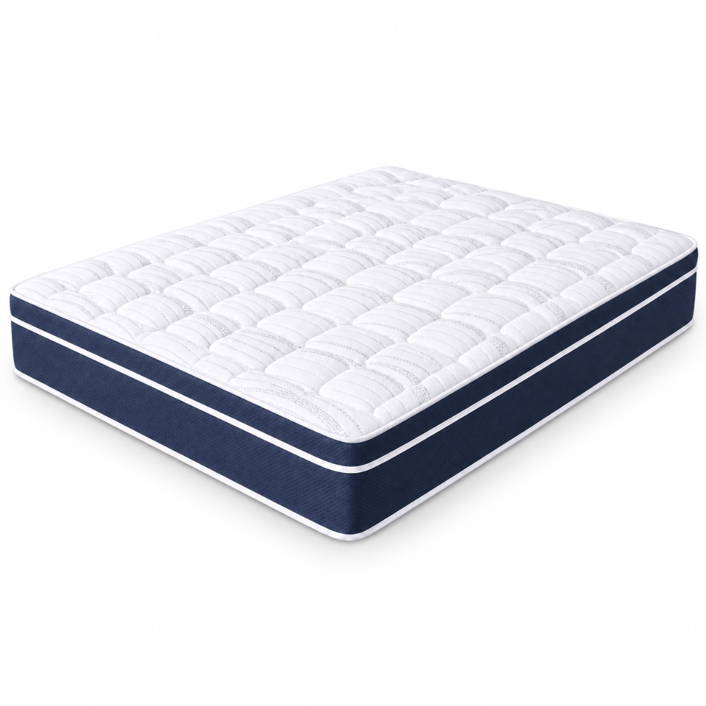 A quilted mattress topper or mattress shown at an angle on a clean white background. The top surface is white with a quilted pattern, and the sides are navy blue with thin white piping.