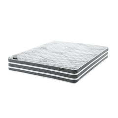 A firm queen-sized mattress with extra length, featuring a white and gray color pattern on the top surface.