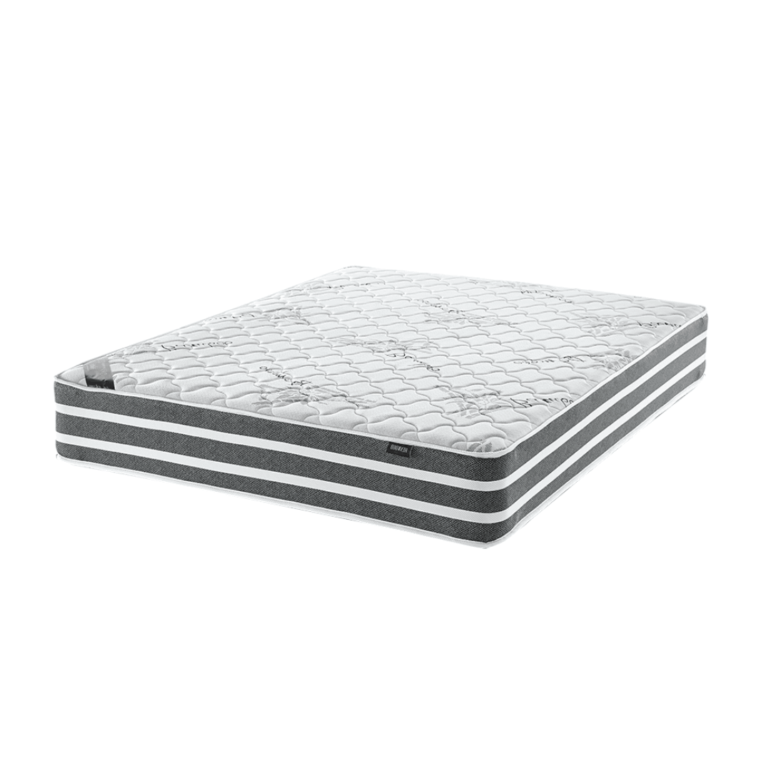 A firm queen-sized mattress with extra length, featuring a white and gray color pattern on the top surface.