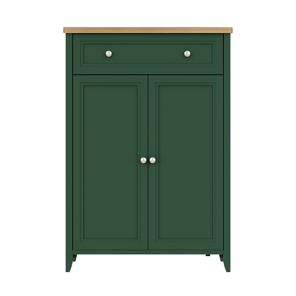 Green cabinet with two doors and a drawer on a white background
