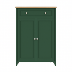 Green cabinet with two doors and a drawer on a white background