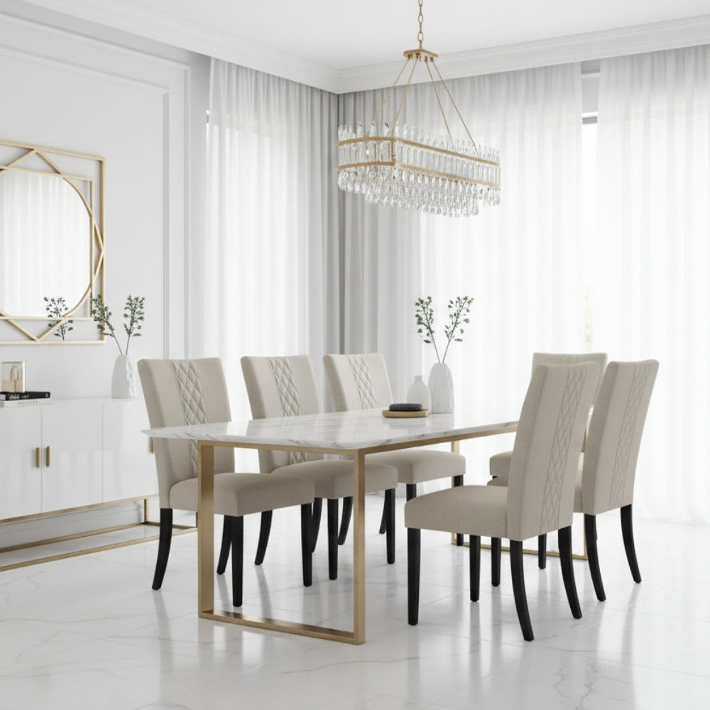 Beige upholstered chair with quilted backrest on a white background