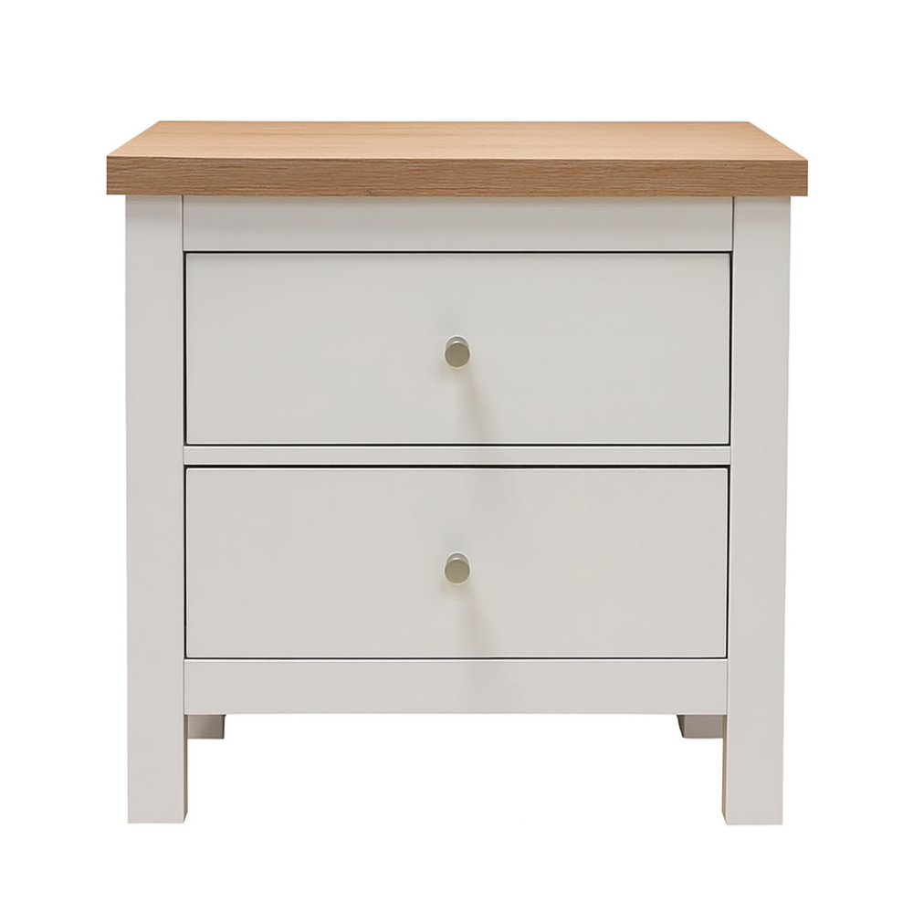 White nightstand with two drawers and a wooden top on a white background