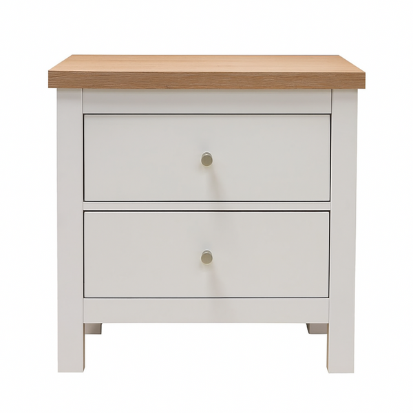 White nightstand with two drawers and a wooden top on a white background