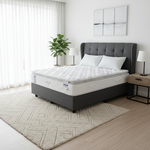 Mattress on a bed frame in a room with a rug and shelves.