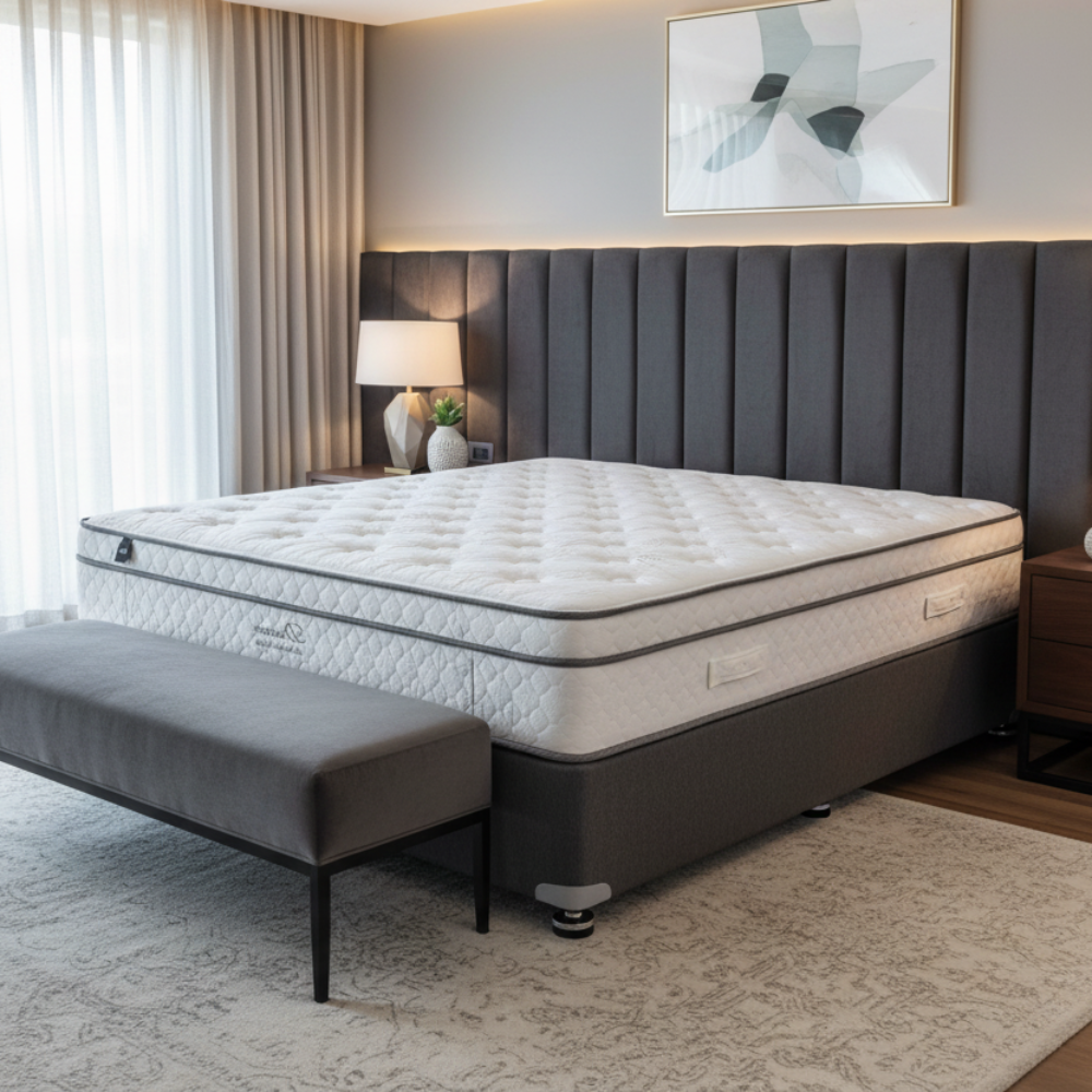 Mattress with a gray frame on a white background