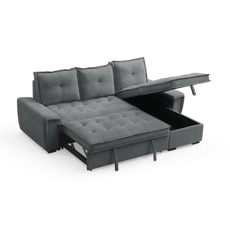 Eleanora Sleeper Sofa Storage Pullout + Chaise with storage Fabric + Black Plastic Leg Grey  Fabric Couch