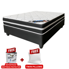 Mattress with free waterproof mattress protector and twin pillows on a white background