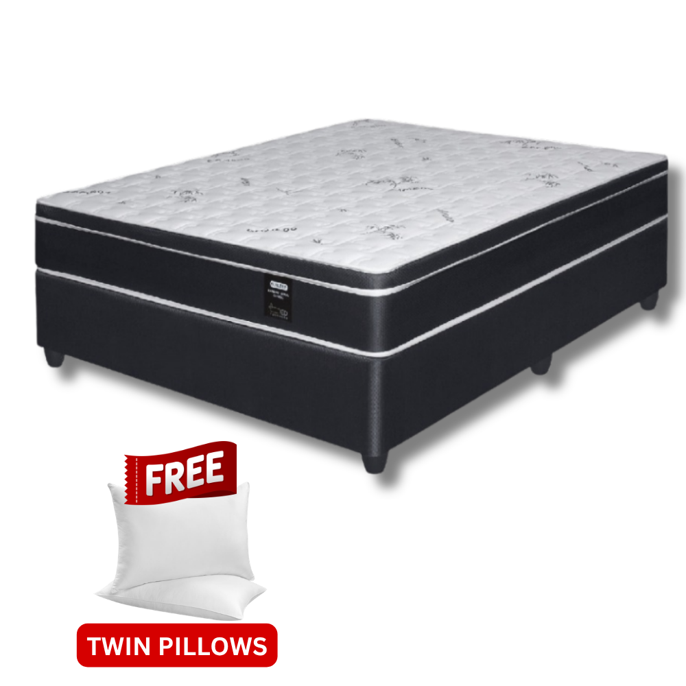 Mattress set with free twin pillows on a white background