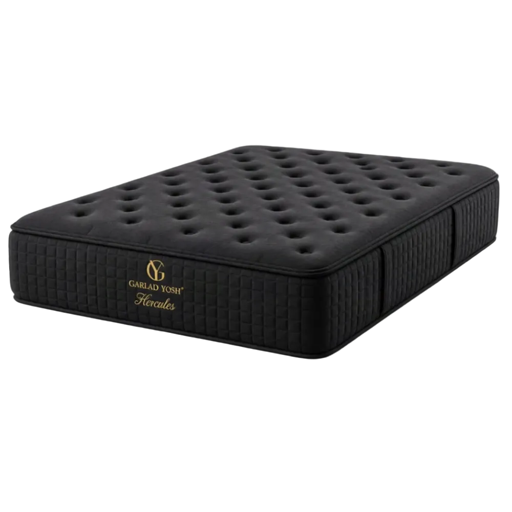 A black tufted mattress with quilted side panels and gold 'Garlad Yosh' and 'Hercules' branding on the front, shown on a plain white background.