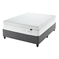 A white, medium firmness mattress on a gray foundation, designed for a single bed.