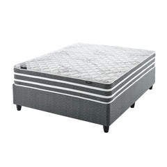 A firm three quarter bed set with a patterned gray bed frame and mattress.