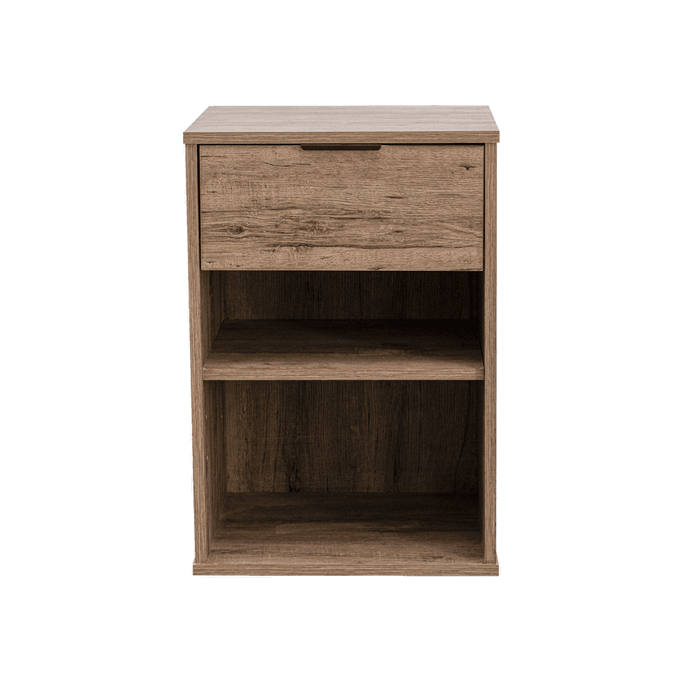 A brown rustic birch foil pedestal with one drawer and two open shelves, isolated on a white background.