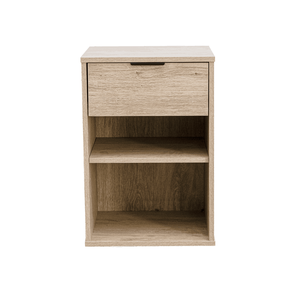 A wooden pedestal with one drawer and two open shelves, presented in an oak finish.