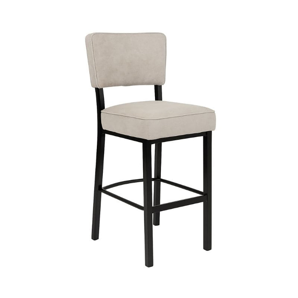 Bar stool with beige cushioned seat and backrest on a white background