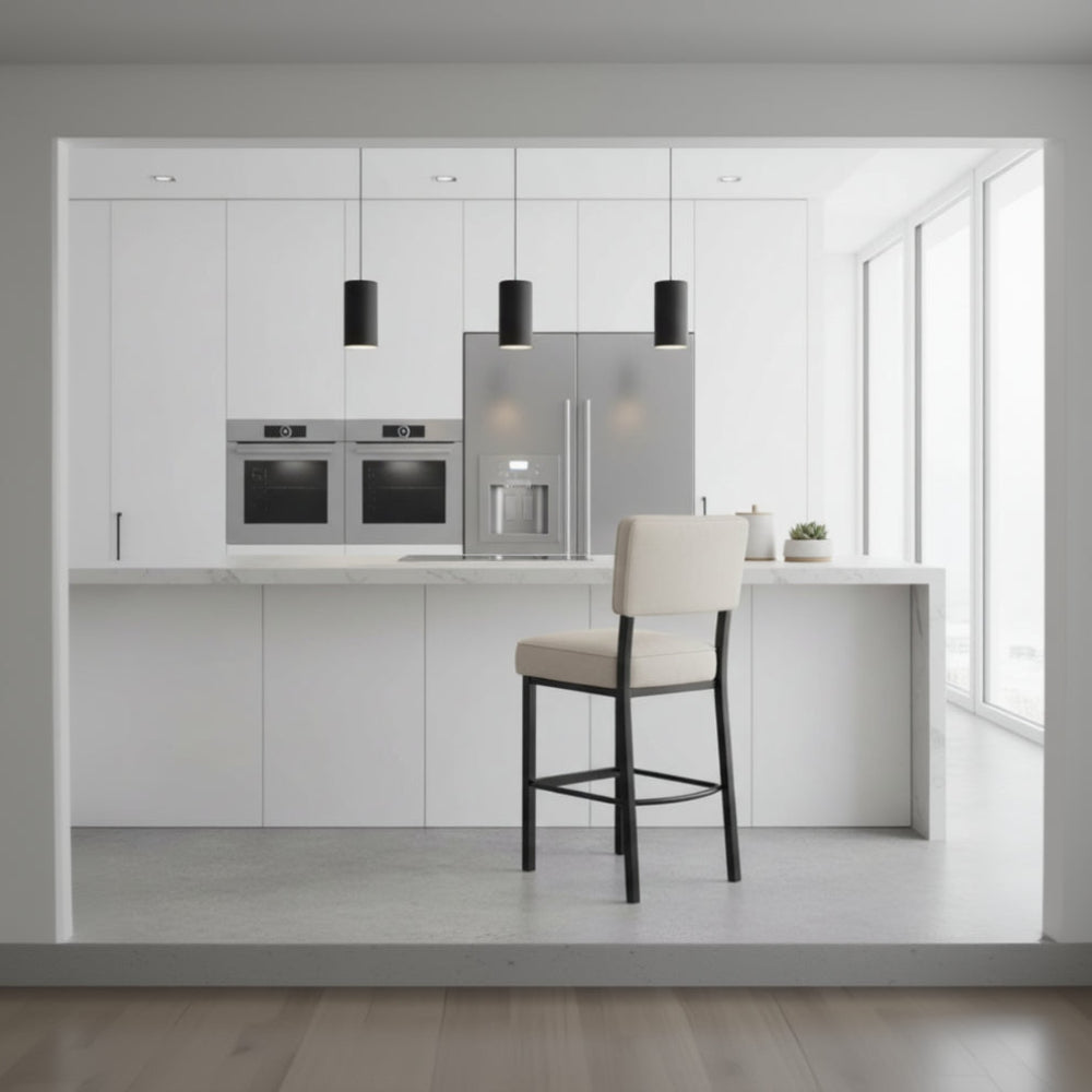 Bar stool with beige cushioned seat and backrest on a white background