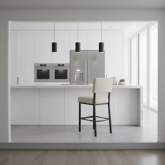 Bar stool with beige cushioned seat and backrest on a white background