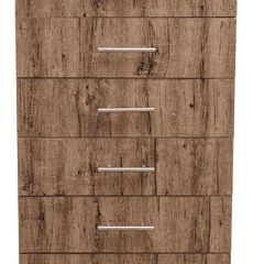 A brown rustic birch wood chest with six drawers, each having a metal pull handle.