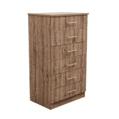 A rustic birch wood chest of six drawers with metal handles.