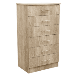 A Lagos Oak chest of drawers with six drawers, the top two drawers are smaller and the remaining four are larger, set in an oak wood finish.
