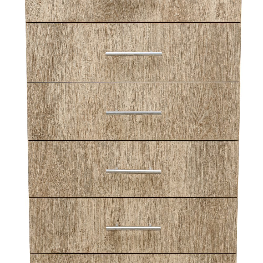 A six-drawer chest of drawers in Lagos Oak finish.