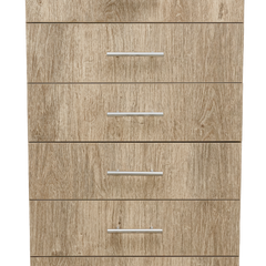 A six-drawer chest of drawers in Lagos Oak finish.
