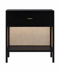 Black nightstand with a woven design on a white background
