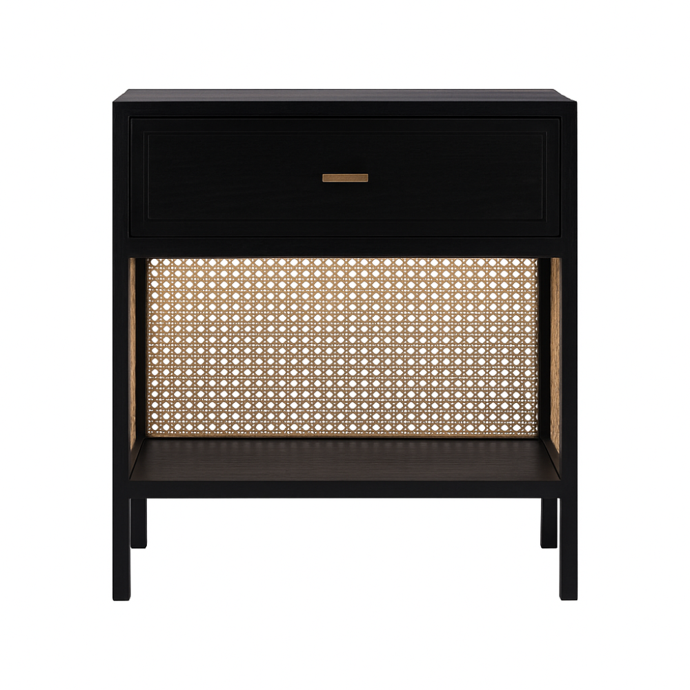 Black nightstand with a woven design on a white background